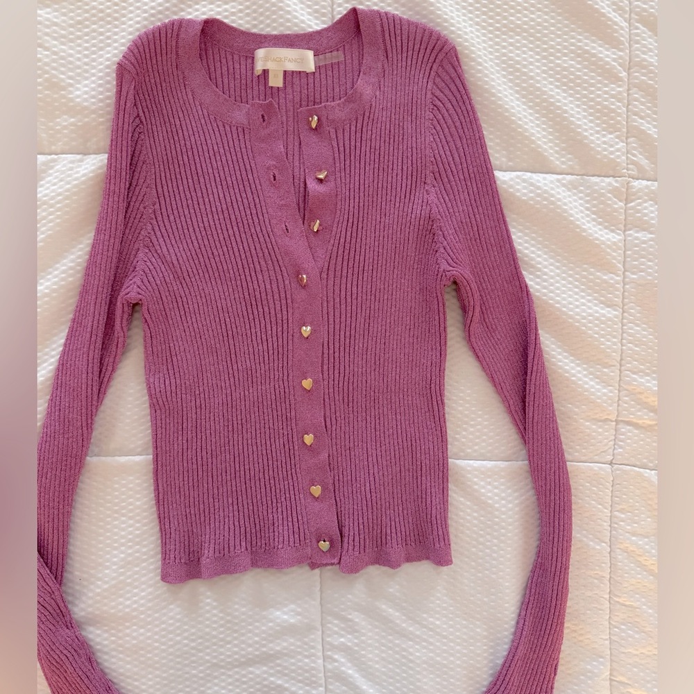 LoveShackFancy Pink Ribbed Cardigan with Heart Buttons